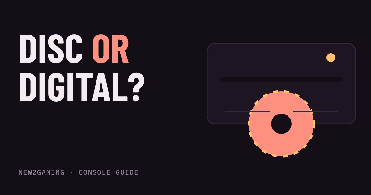 Illustration of a console with a large coral disc sliding into its slot, next to the words Disc or digital?
