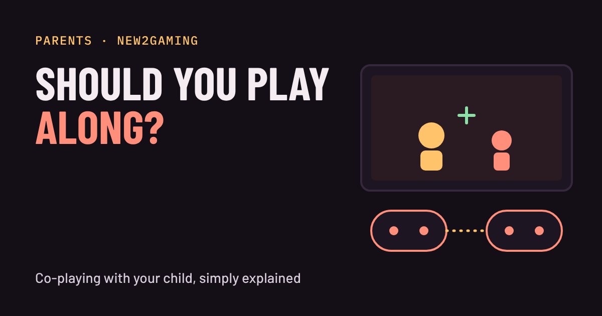 Two game controllers connected by a dotted line below a screen showing a larger and a smaller character playing side by side