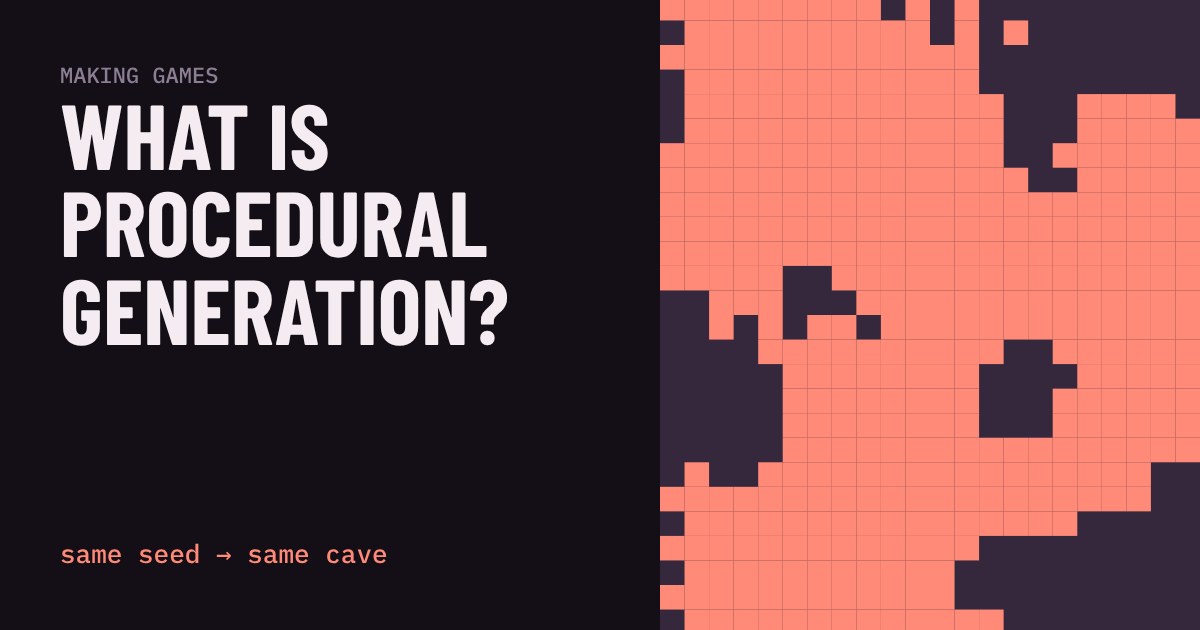 A cave map of coral floor and dark rock squares beside the title What is procedural generation?